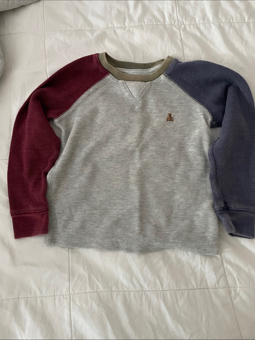 Kids Long-Sleeve Colorblock Crew Tee - Gray Body with Burgundy & Navy Sleeves